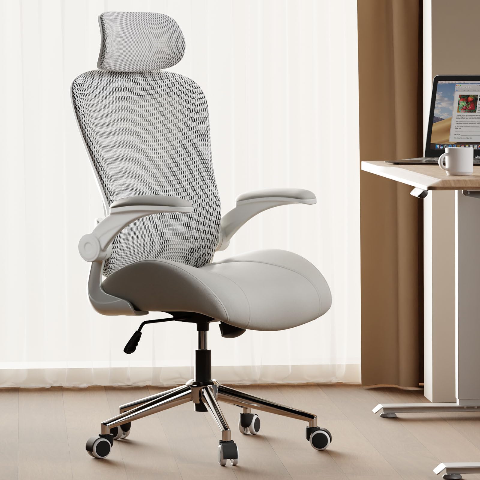 VOTRENIX Grey Ergonomic Home Office Desk Chair, Premium Thickened Leather Curved seat with Breathable mesh Back, 3D headrest and Adjustable Lumbar