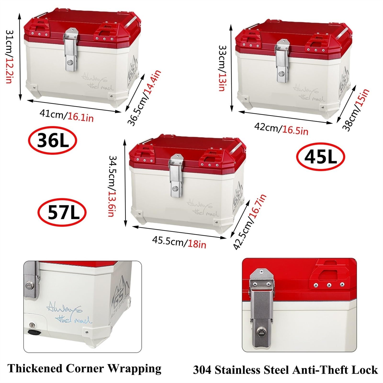 Valise Top Case Moto Top Case, 45L ABS Universel Moto Tail Box Trunk Tour Storage avec Serrure De Sécurité pour Casque Bagages(Color:Red,Size:57L)
