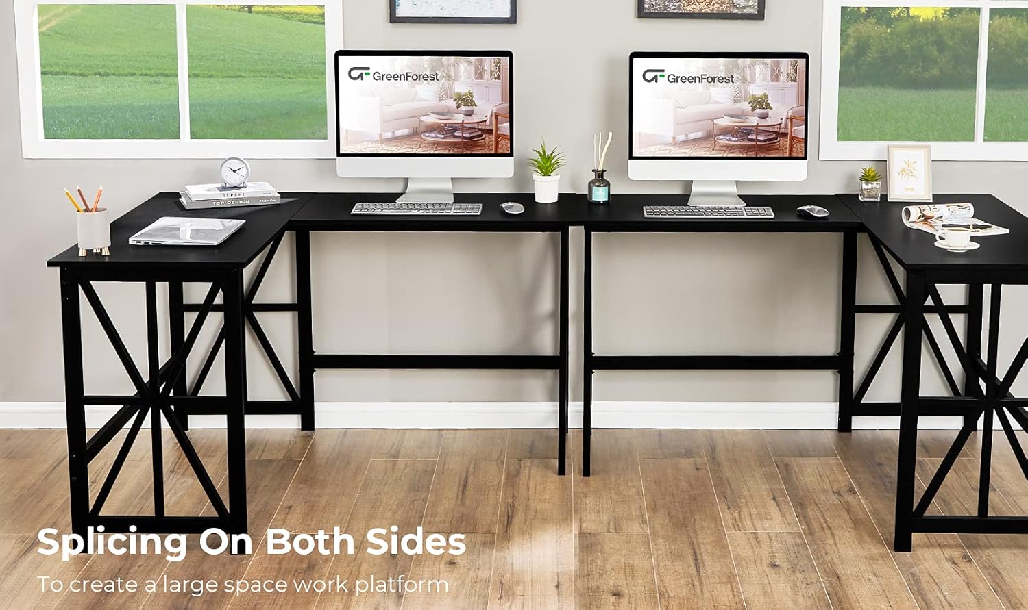 GreenForest L Shaped Corner Desk, Industrial Style Compact Design Computer Gaming Desk PC Laptop Workstation for Home Office, Black: Kitchen & Dining