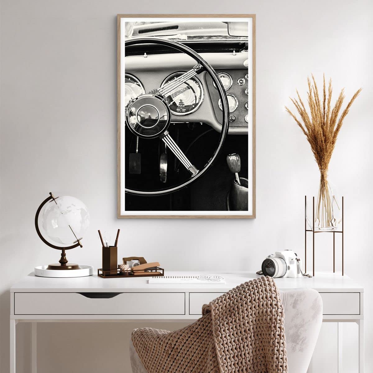 Affiche Vintage Voiture Volant Noir & Blanc - Déco Murale 50x40cm - Style Rétro Automobile