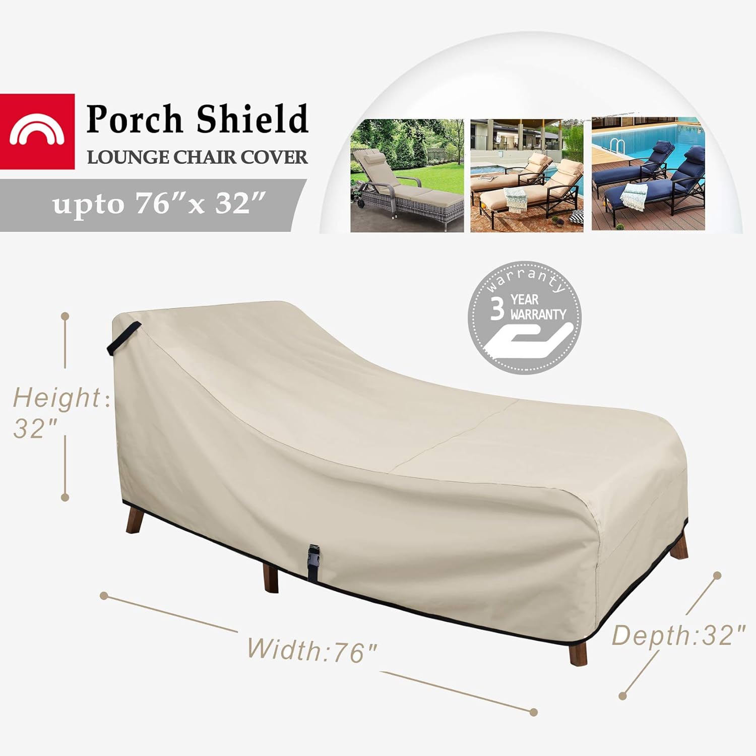 Porch Shield Patio Chaise Lounge Chair Cover - Waterproof Outdoor Pool Chair Cover 2 Pack - 76W x 32D x 32H inch, Beige : Patio, Lawn & Garden