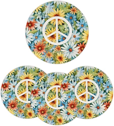 Miniatura 14 de Juego de 6 manteles individuales redondos, manteles individuales tejidos con mandala dorados, antideslizantes, resistentes al calor, lavables,