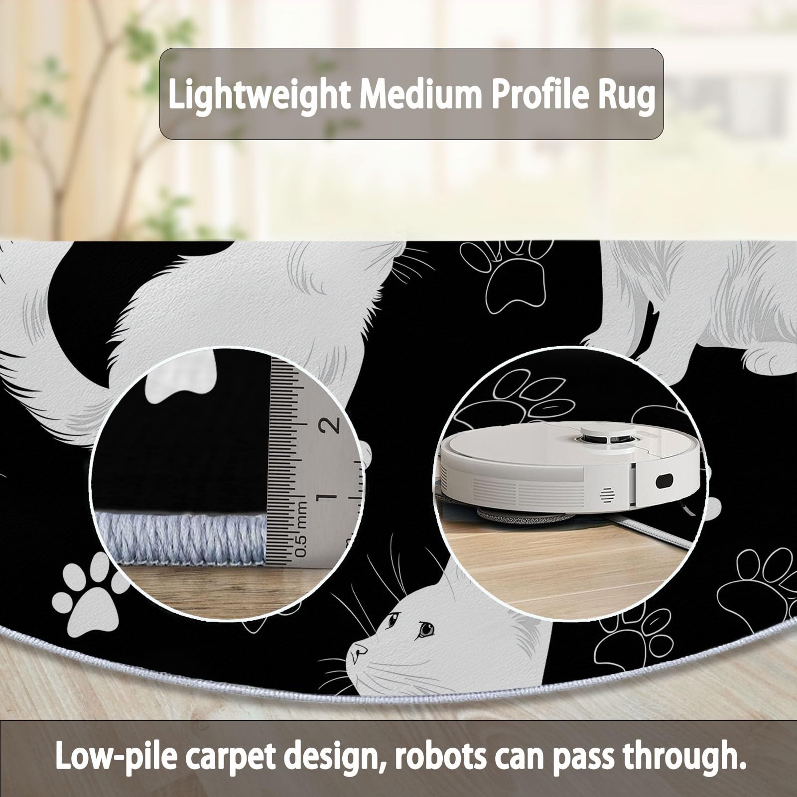 Schwarzweiß Runder Teppiche Wohnzimmer 100 cm, Waschbar & Rutschfester Kurzflor Teppich Schlafzimme, Minimalistisch Pfotenabdruck Niedlich Tiere Katze Teppich Rund für Kinderzimmer, Esszimmer, Büro