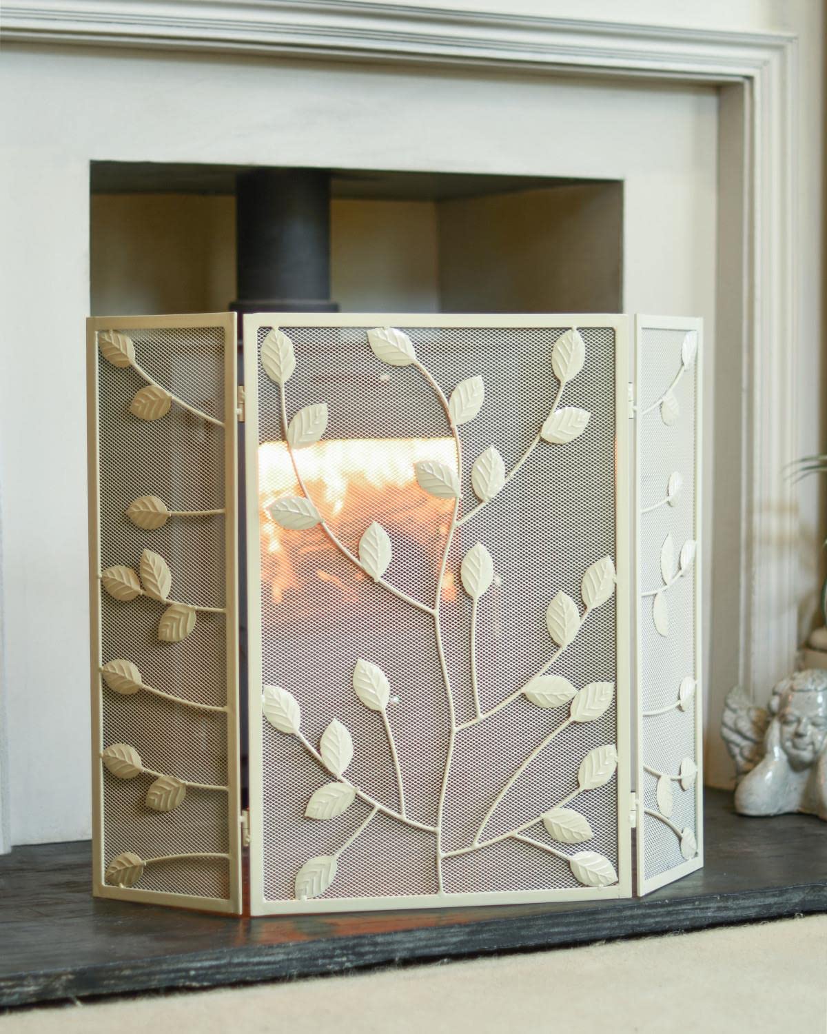 Black Country Metal Works Cream Rectangular Three Fold Fire Guard with Leaf Pattern