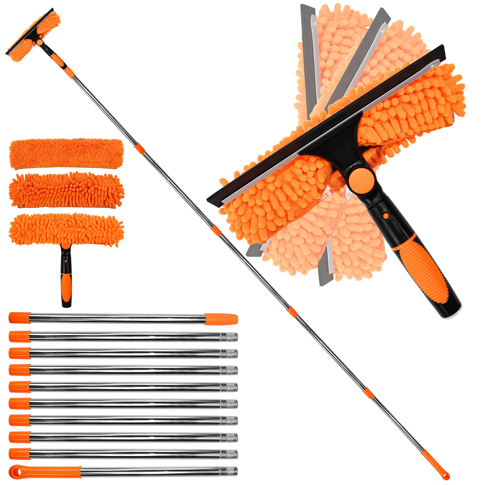 Limpiacristales con Mango Extensible de 24-450cm, Limpiador de Ventanas Telescópico con Escobilla de Silicona y Paños de Microfibra, Limpia Cristales con Mango Largo para Ventanas