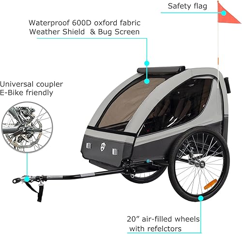 Miniatura 11 de TIGGO VS - Remolque y cochecito de bicicleta de suspensión 2 en 1, asiento doble para niños pequeños, niños, portabicicletas para niños Rojo