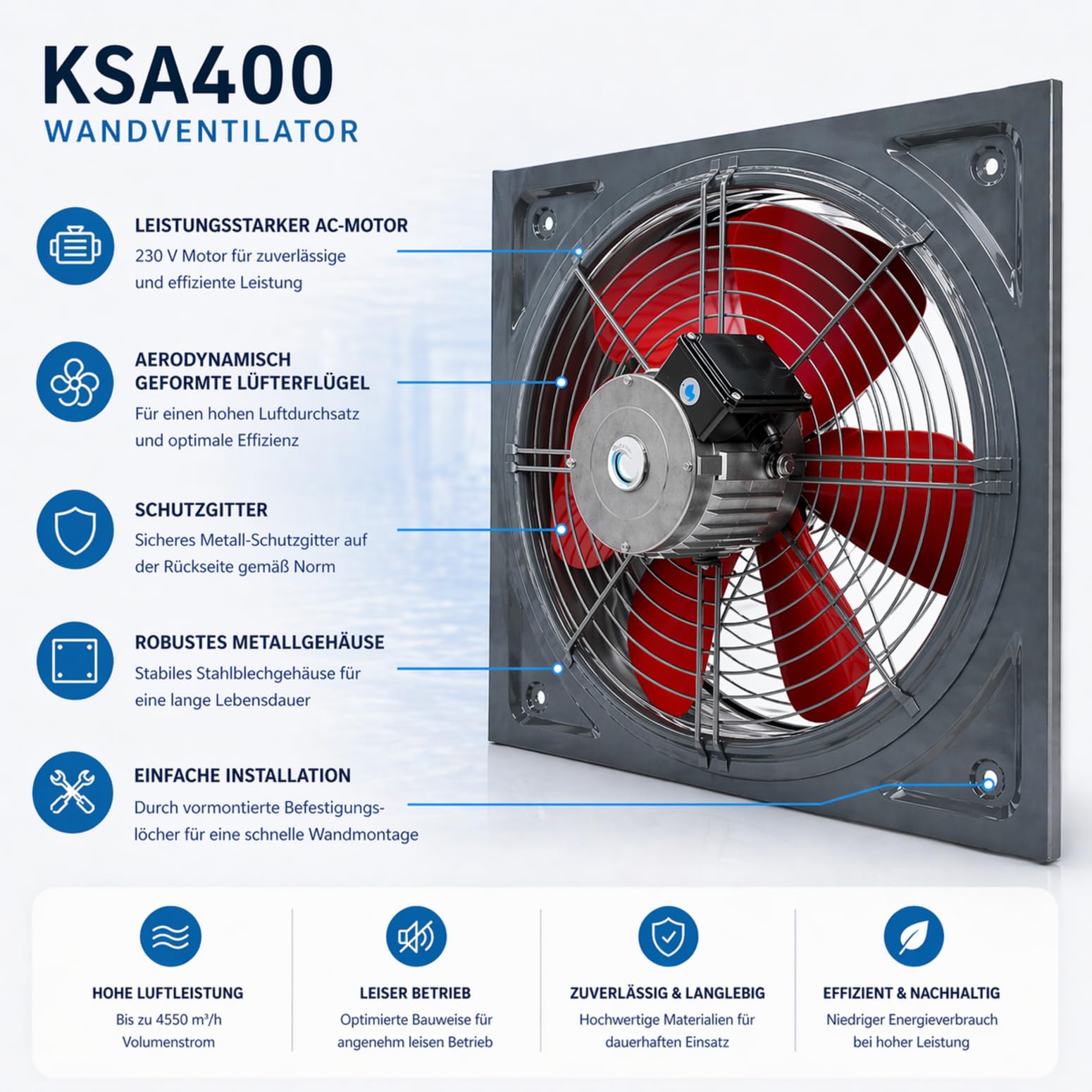 UZMAN Wandventilator Hochleistungs Axialventilator mit Kugellagern, für Dauerbetrieb Industrie Axiallüfter Größen 300, 350, 400, 450, 500, 550, 600mm – Zuluft Abluft Absaugung – (KSA400)