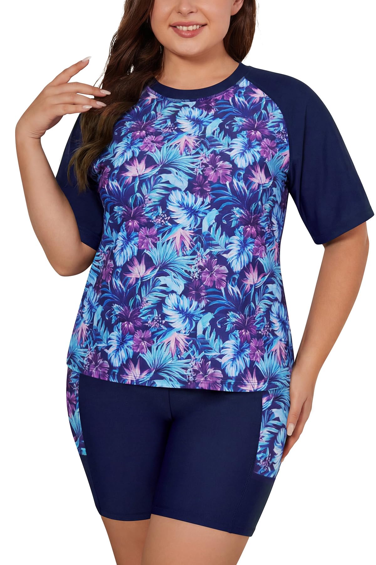 SHEKINI Traje de baño de 2 piezas de talla grande para mujer, brasier integrado, camiseta de natación de manga corta y pantalón corto con bolsillos, trajes de baño