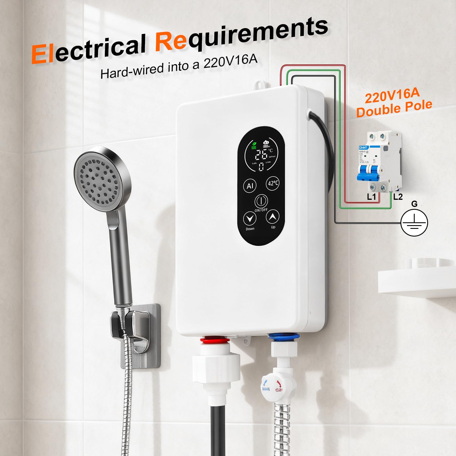 Calentador de agua eléctrico de paso, 5500 W, 220 V, indicador de temperatura, unidad integrada, control inteligente, mini calentador de agua, adecuado para duchas y baños