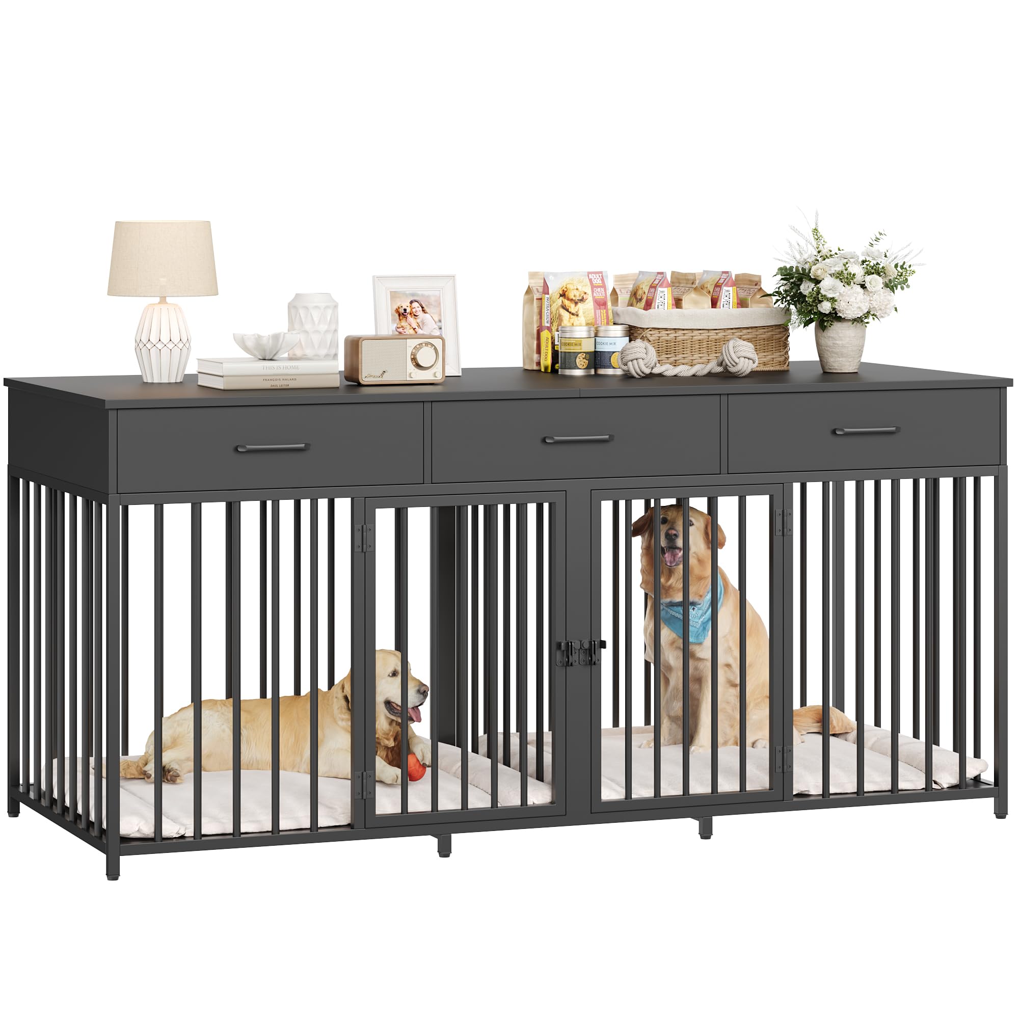 HOSTACK Double Dog Crate, 71"W Indoor Dog Kennel Furniture for 2 Dog, Black