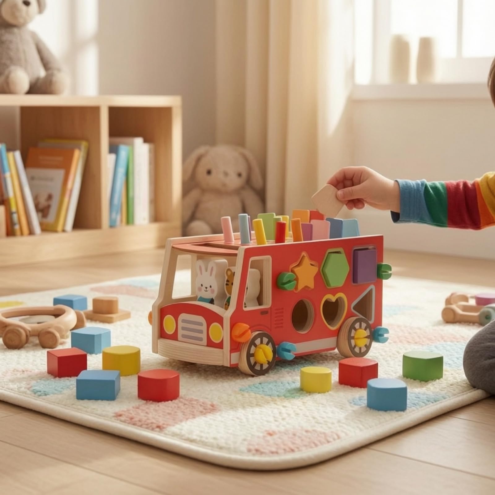 Baoblaze Juguete Educativo Infantil Bus de Madera Clasico Clasificador de Formas Bloques Geometricos Juego de Encastre Set Completo con Cuerpo de Bus y Piezas
