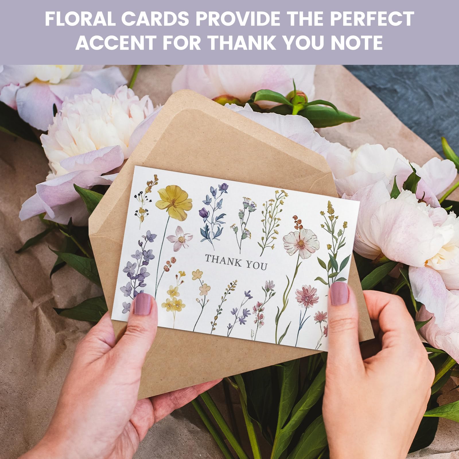 XXINMOH Paquete de 102 tarjetas de agradecimiento florales con sobres (4 x 6 pulgadas), tarjetas en blanco de flores silvestres con sobres adhesivos y calcomanías a juego para bodas, despedidas de