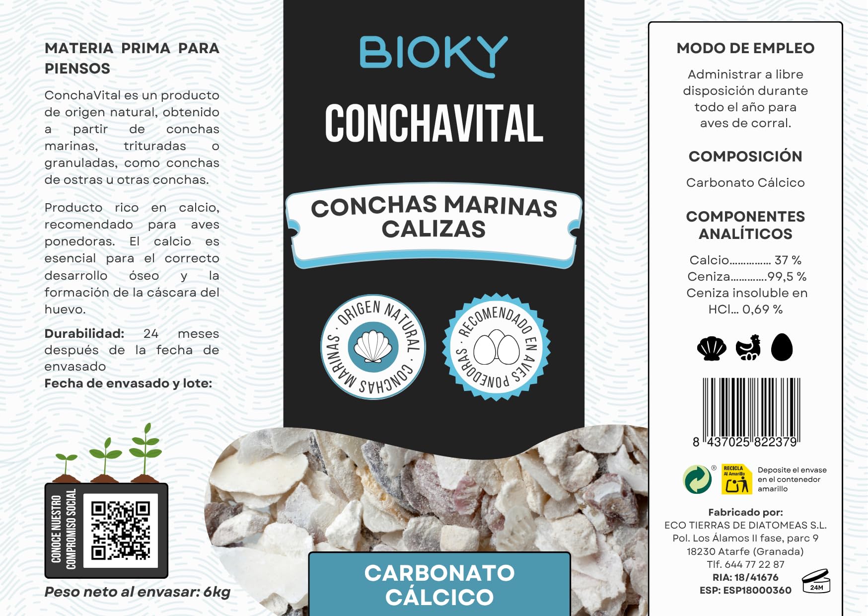 ConchaVital 6kg - Calcio para Gallinas Ponedoras y Otras Aves - Conchilla de Ostra - Pienso +12 Minerales - Mejora Calidad del Huevo, Corrige Carencias Nutricionales y Mejora Productividad