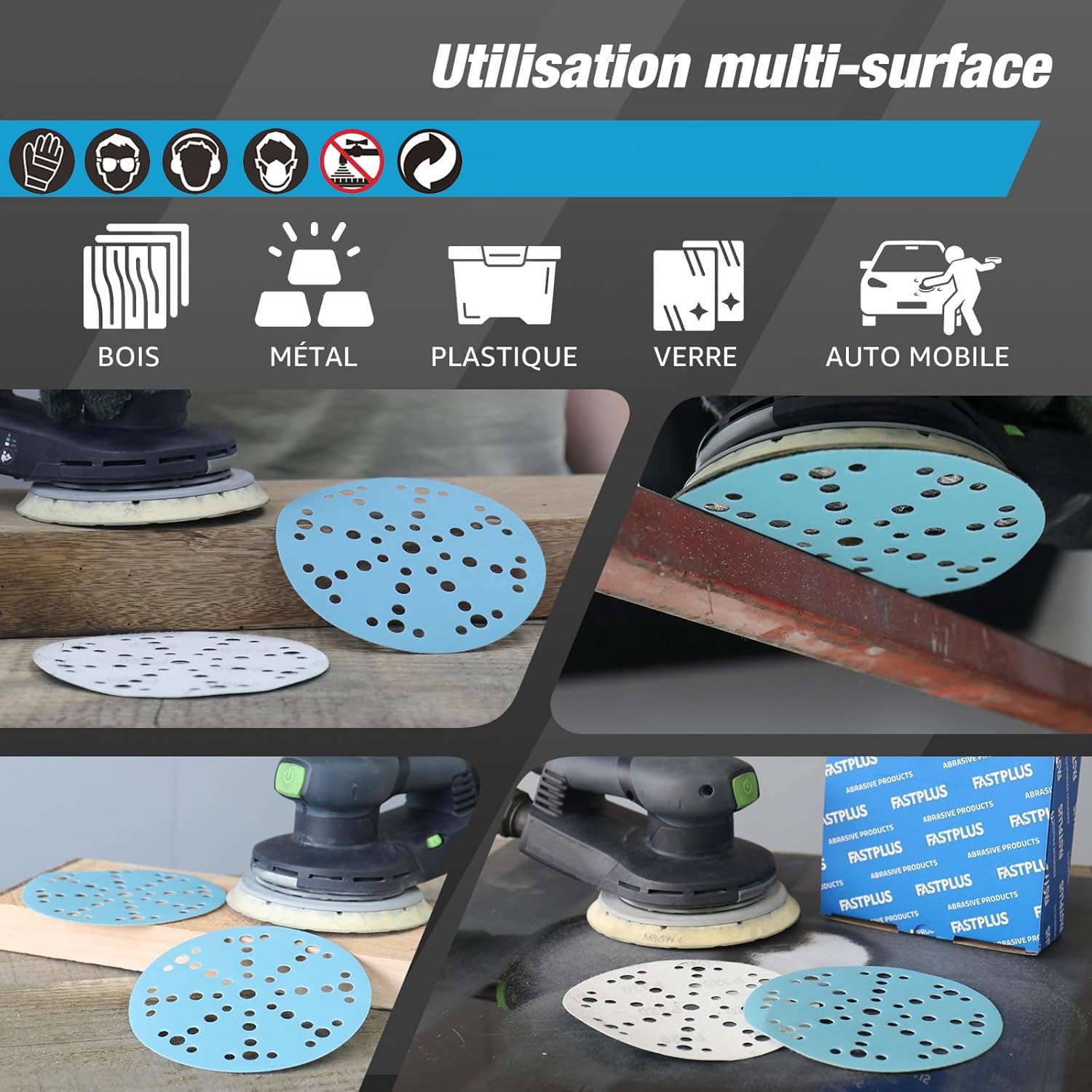 Disques Abrasifs 150mm 49 Trous Grain 40 Céramique Bleu Papier à Poncer Anti-Poussière Dos Disque de ponçage pour dépoussiérage bois métal voiture