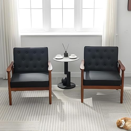 Miniatura 3 de JIASTING Mid-Century - Juego de 2 sillas decorativas de madera maciza retro y modernas, color negro, sillas de cuero sintético para sala de estar,