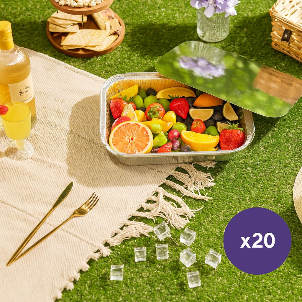 MATANA 20 dużych tacek z folii aluminiowej z pokrywkami – 32 × 26 cm (2350 ml), wytrzymałe, jednorazowe lub wielokrotnego użytku, nadają się do piekarnika i zamrażarki