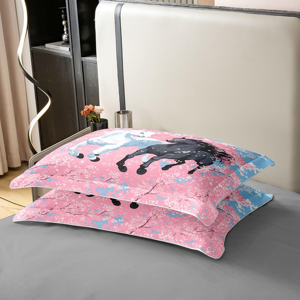 Homewish Juego de ropa de cama de estilo japonés con diseño de caballo, tamaño Super King, funda de edredón con diseño de flores de cerezo, pintura al óleo y flores