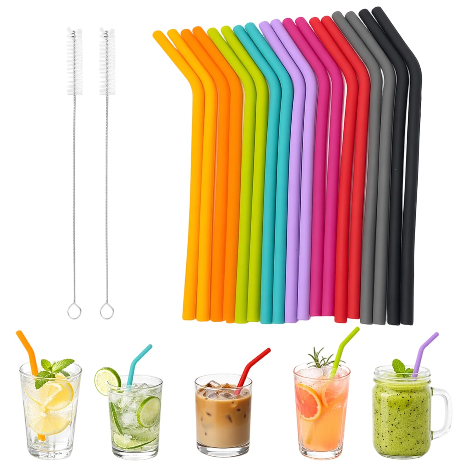 20-Piece Silicone Straws Reusable Set, 18 Flexible Drinking Straws and 2 Cleaning Brushes, Durable Reusable Straws for Hydration at Home, Office, and Outdoor Activities