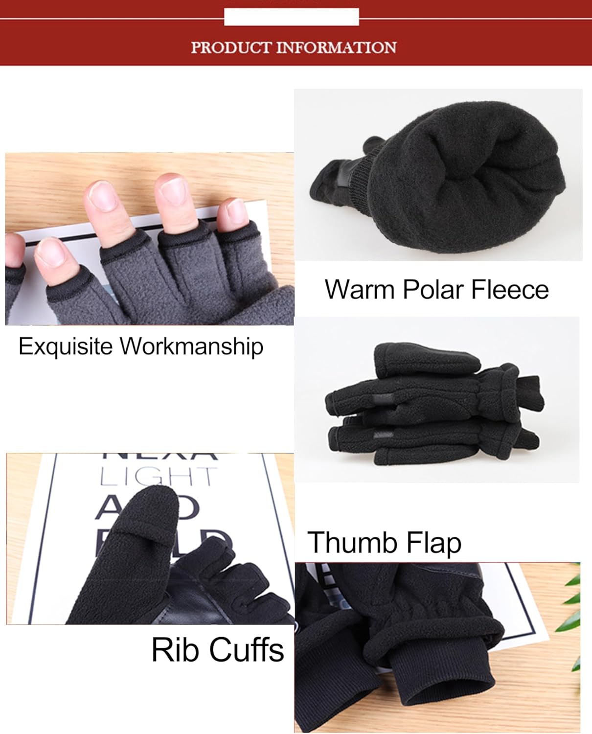 Winter Fingerless Mittens Men Women Convertible Flip-Top Windproof Warm Polar-Fleece Lining Texting Running Gloves - Image 4