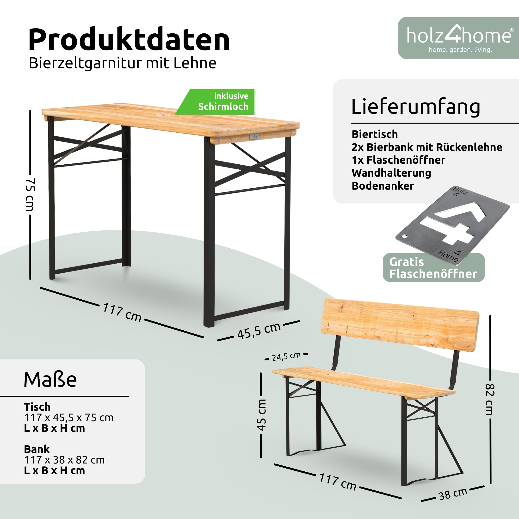 holz4home® Bierzeltgarnitur 3-teilig aus Holz mit Lehne I Bierbankgarnitur mit Tisch und 2 Bänken I Festzeltgarnitur mit Wandhalterung & Bodenheringe I Sitzgarnitur inkl. Flaschenöffner