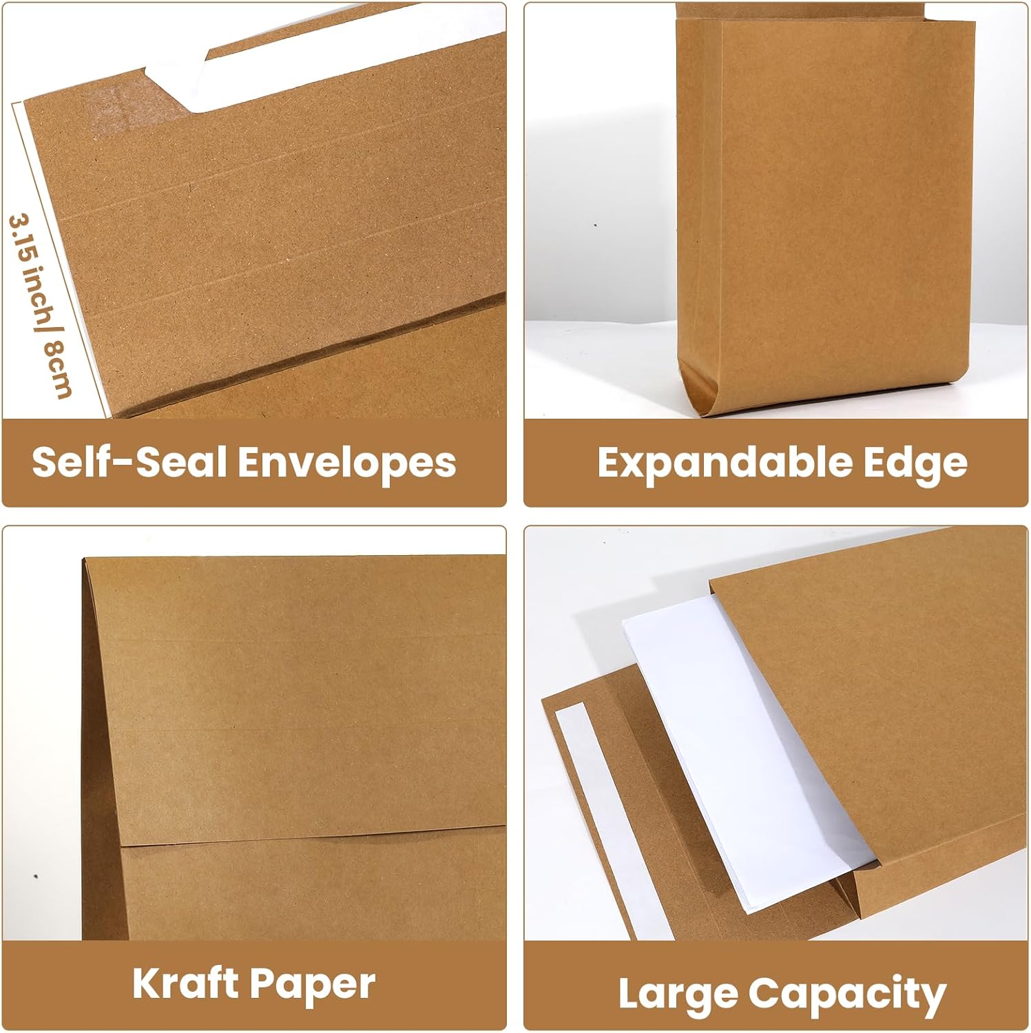 chiazllta 30Pcs Expandable Envelopes with Self Seal 13.23x9.37 In/ 33.6x23.8 cm Large Mailing Kraft Catalog Envelopes for Documents Brown Kraft for Home Office Business Storage and Organizing Photos - Image 3