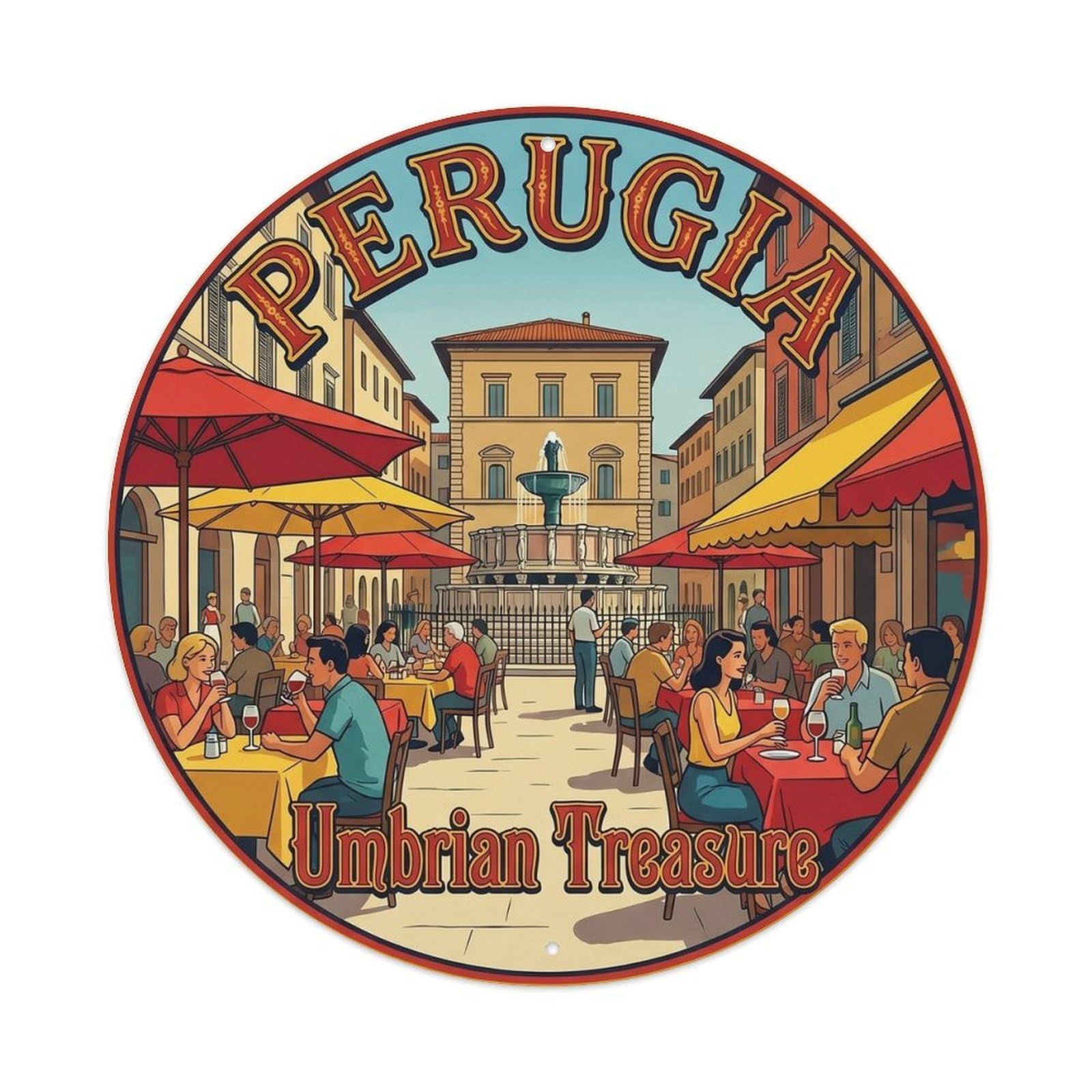 Perugia Square Destination Scenery Expedition Landmark Metal Tin Sign Plaque Wall Decor for Cafe, Man Cave, Club Bar, Office, Home Garden Round Metal Poster 8x8Inch