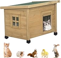 Agitree Outdoor Wooden Pet House - Weatherproof Winter Shelter for Puppies Cats Rabbits, Elevated with Window, Yellow 22.6x17.7x16.7in