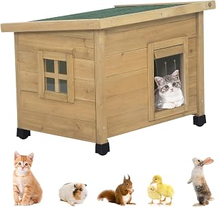 Agitree Outdoor Wooden Pet House - Weatherproof Winter Shelter for Puppies Cats Rabbits, Elevated with Window, Yellow 22.6x17.7x16.7in