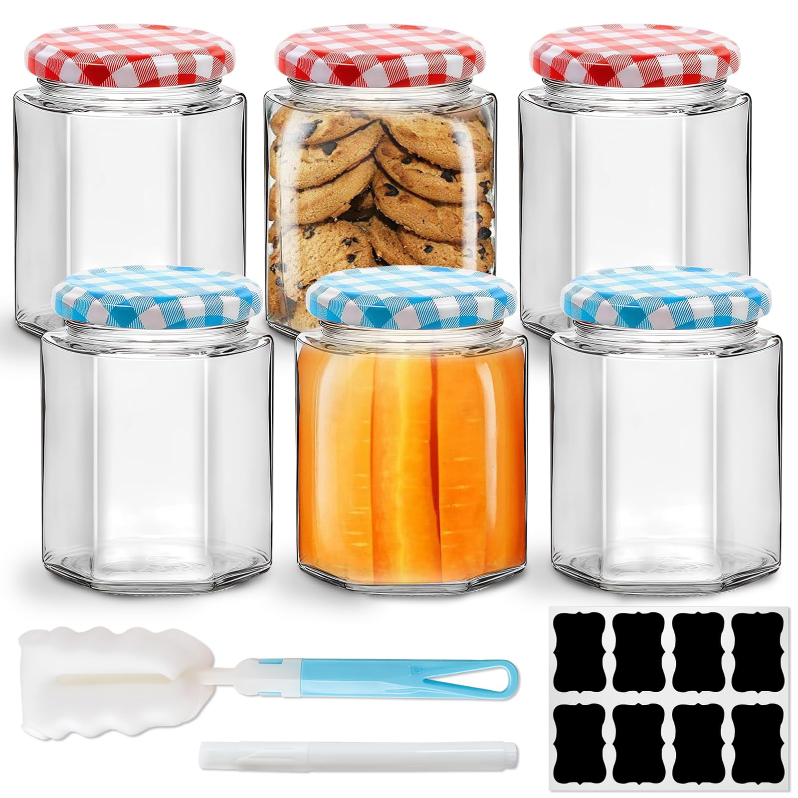 Zykphao Set of 6 Glass Jam Jars with Lids, 280ml Airtight Hexagonal Preserving Jars with Red & Blue Gingham Lids for Pickles, Chutney, Marmalade, Honey and Candle Making