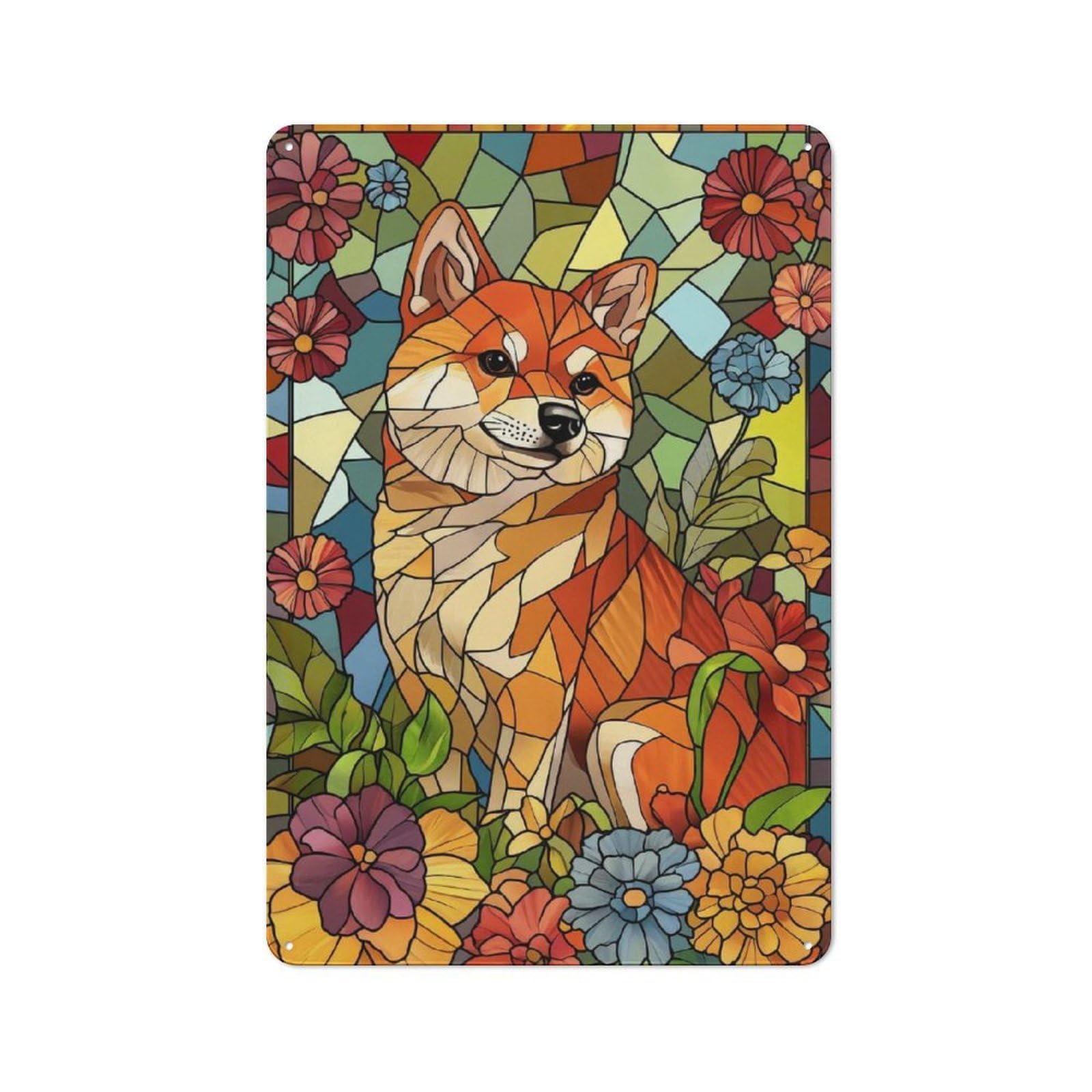 Junmoney Shiba Inu Stained Glass Retro Metal Sign 30X20cm For Kitchen Or Home Bar, For Kitchen, Dining Room And Home Bar Wall Decor