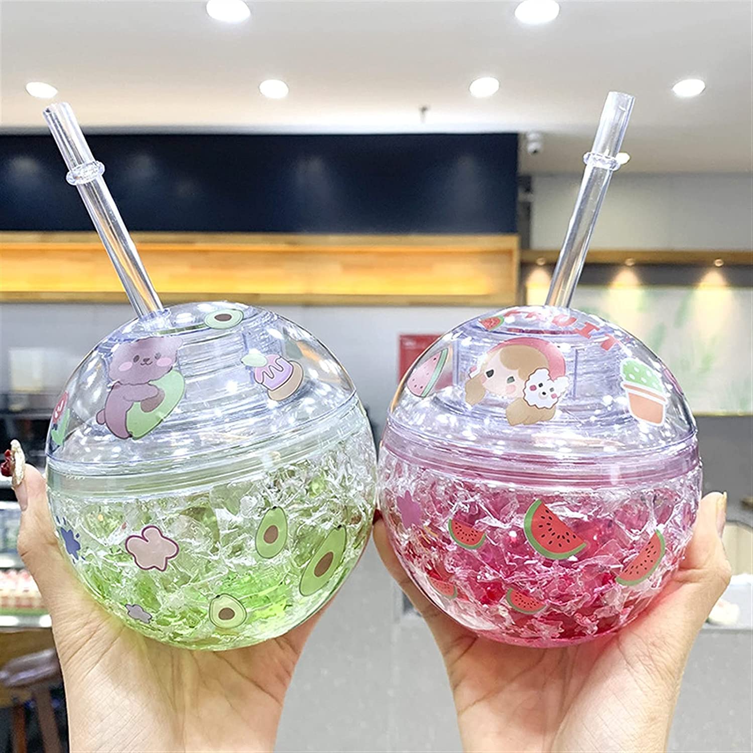 Wasserflasche für Sport Kawaii Runde Eiswasserflasche Mit Strohhalm Trinkgeschirr 400 Ml Wiederverwendbarer Kunststoff-Saft-Erdbeer-Pfirsich-Creative Cup Nachhaltige Wasserflasche ( Color : Yellow , S