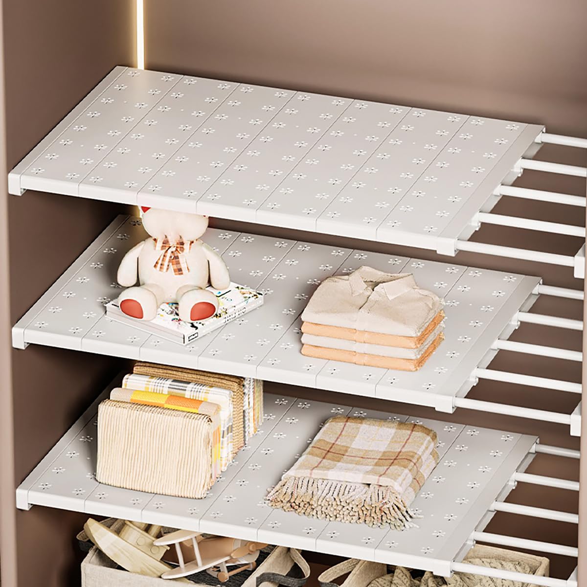 Homieco Extendable Closet Shelf Storage Rack Separator Adjustable Wardrobe Cupboard Divider DIY Organizer Rod for Kitchen Bathroom Bedroom
