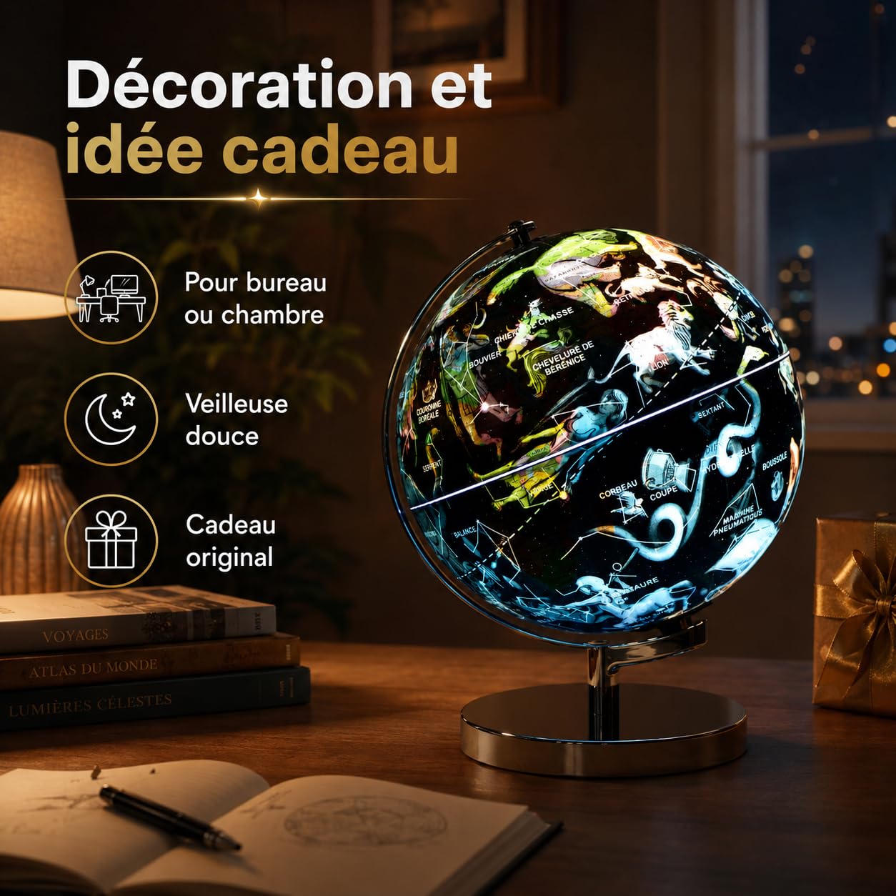 EXERZ Globe Terrestre Lumineux 23 cm Français LED Support Métal | Sans câble avec support métal carte politique jour ciel étoilé nuit pour enfants bureau chambre cadeau