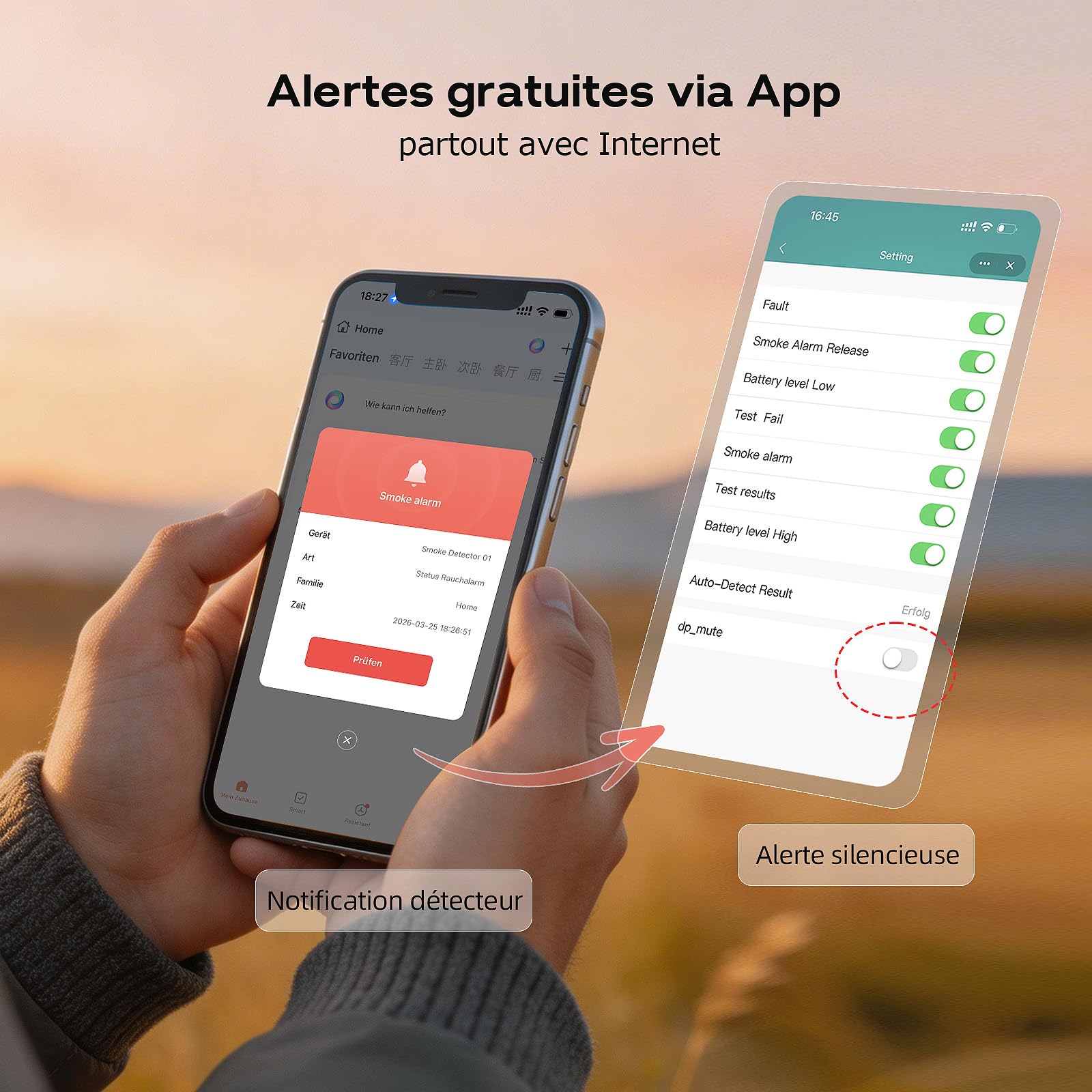 Safeliveo Détecteur de fumée WiFi avec Batterie 10 Ans, Notifications Via Application et Auto-Test, Alarme Incendie Intelligente Compatible Tuya & Smart Life, 2 pièce
