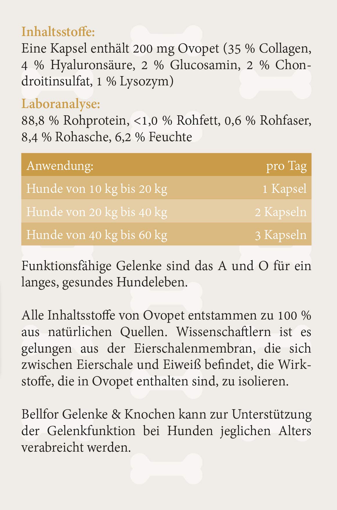 Bellfor Gelenke & Knochen Kapseln, Ergänzungsfuttermittel für Hunde, 50 Kapseln mit Ovopet, Kollagen und Hyaluronsäure, Unterstützung von Gelenkfunktion und Knochen, für jedes Alter