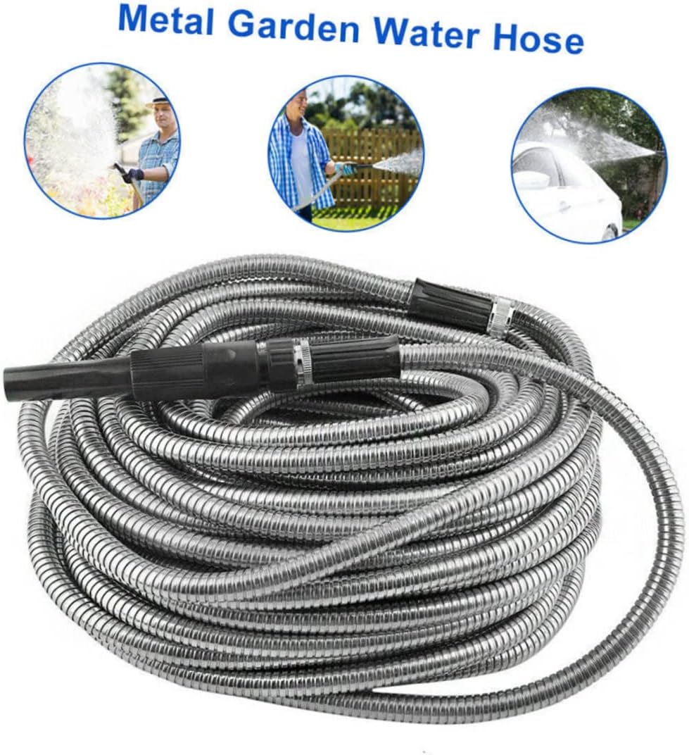 Totority Stainless Steel Water Hose Heavy Duty Lightweight Garden Hose with Nozzle for Watering Lawn and Cleaning Durable Puncture Design Silver Finish