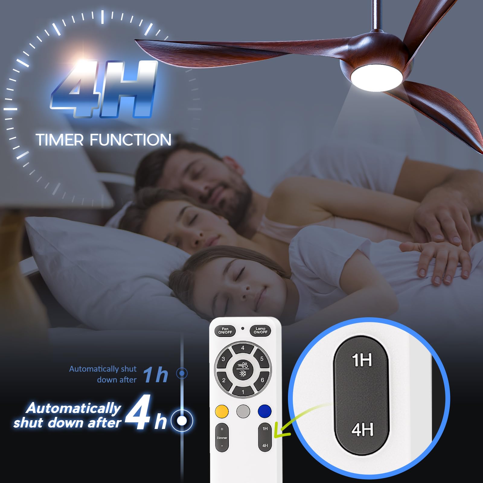 HOOLED Ventilatore da soffitto con luce DC motore brushless, 3 Lama 52 inch, velocità del vento regolabile a 6 velocità con funzione di temporizzazione, luce LED regolabile in 3 colori