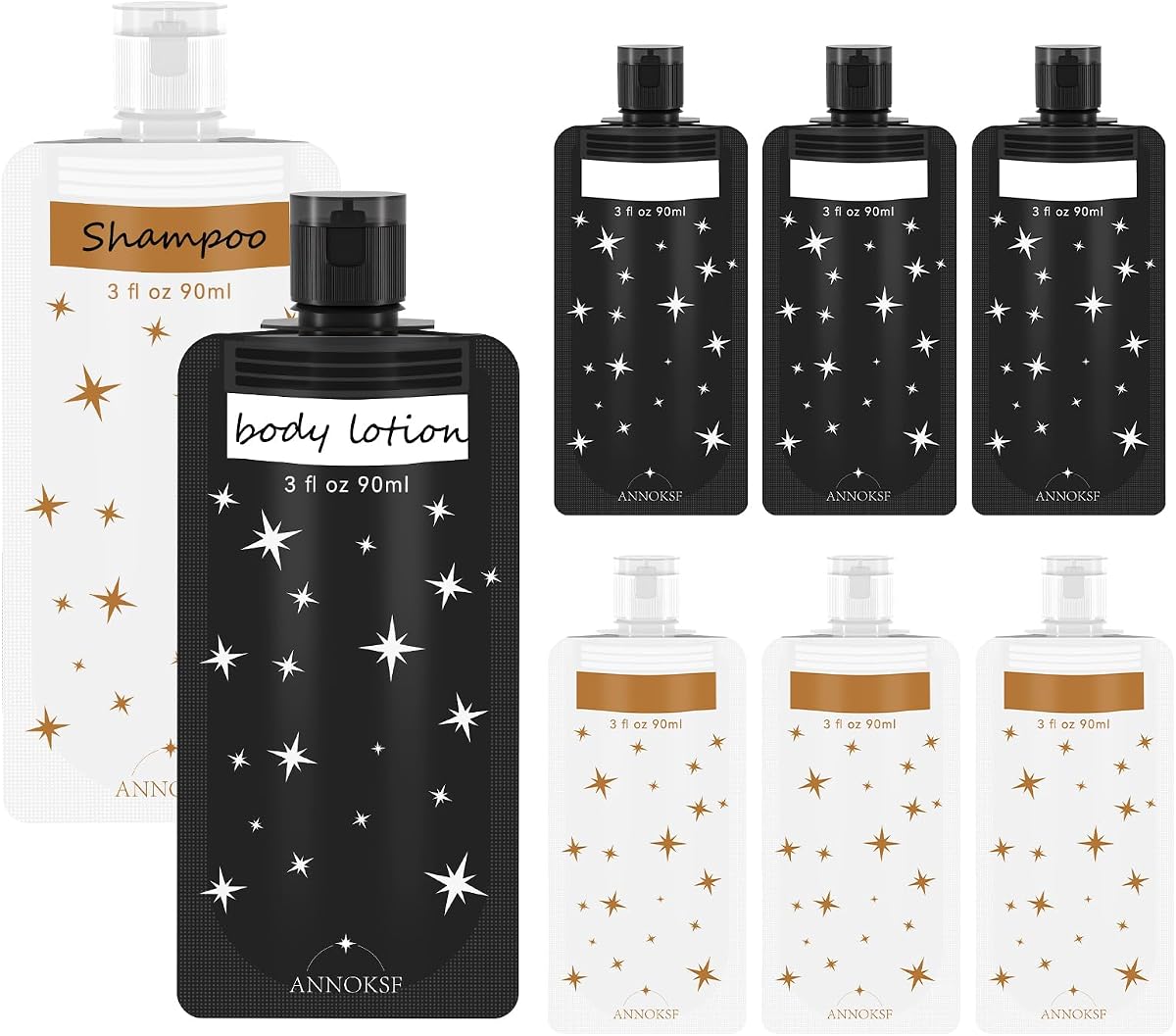 8Pk Travel Pouches for Toiletries, 3oz Leakproof Refillable, Star | Reusable 3oz leakproof travel pouches with stylish black & white star design. Perfect for flights, family trips