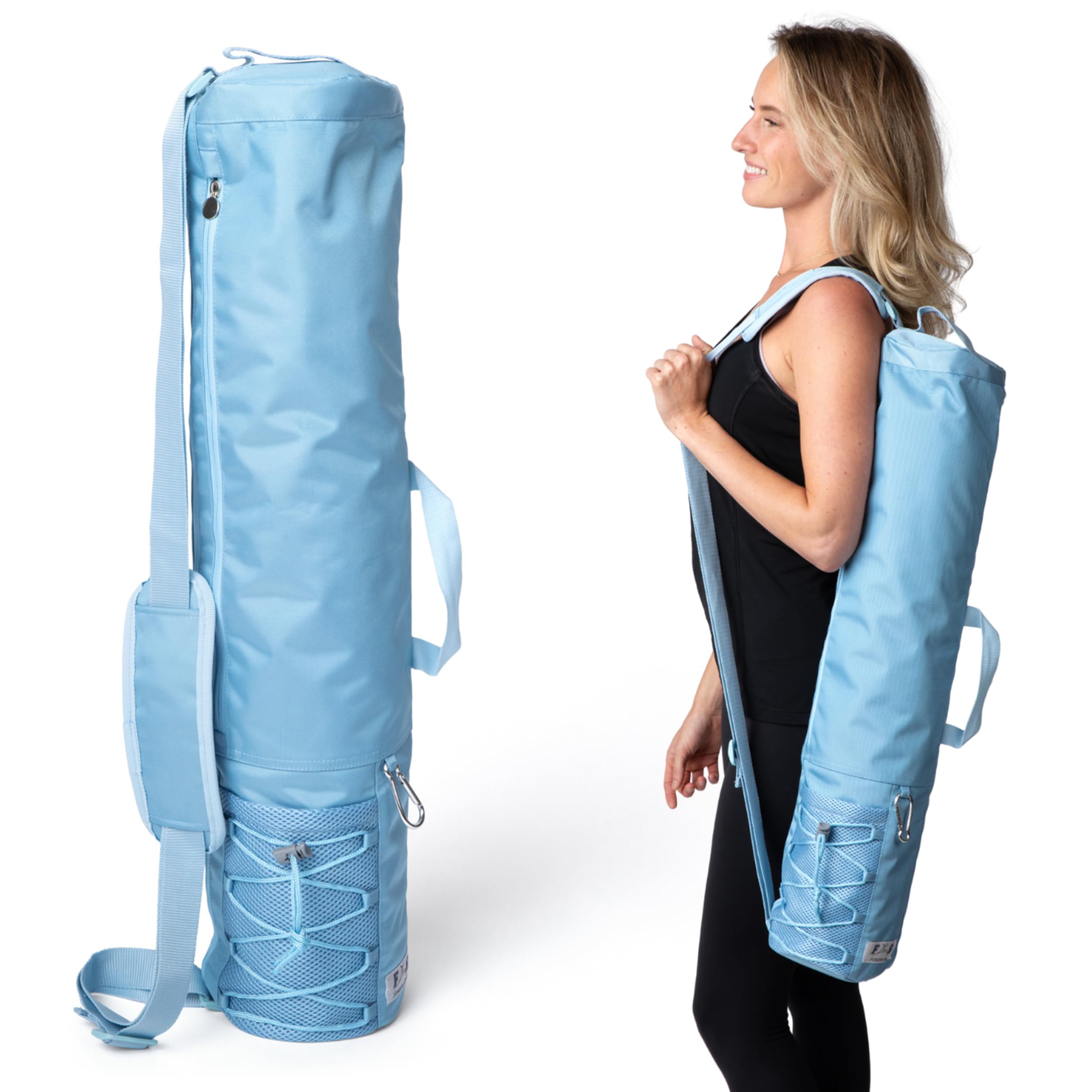 FitLete Gear Large Yoga Mat Bag for Men & Women | Premium, Waterproof, Bottle Pocket, Ventilation & Padded Adjustable Strap | Stylish and Sky Blue Yoga Mat Carrying Bag | Great for Gym & Travel Use