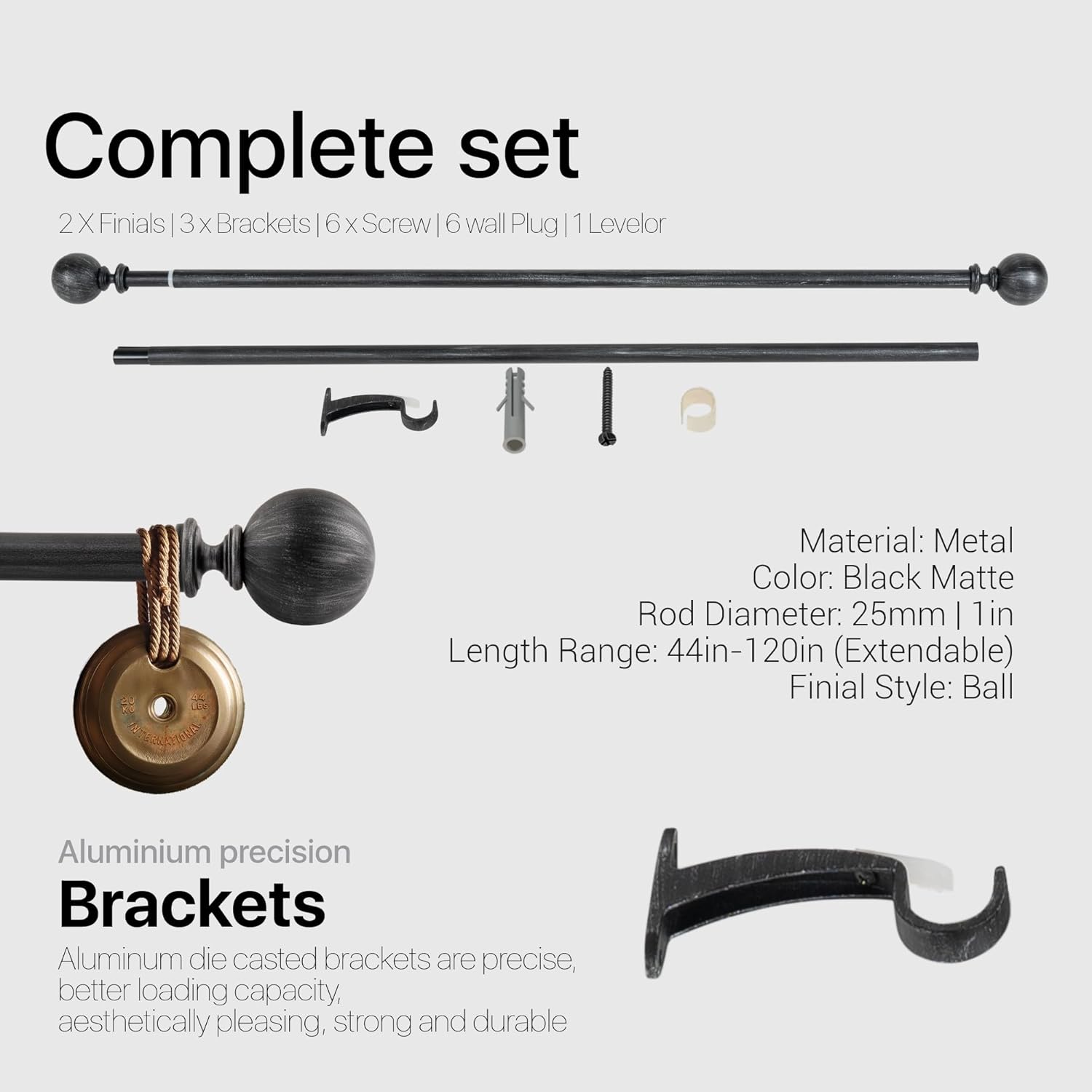 DECO WINDOW Curtain Rods for Windows 44 – 120 Inch, 1 Inch Heavy Duty Extendable Metal Drapery Rod, Adjustable Curtain Rod with Decorative Ball Rustic Silver Finials for Living & Bedroom, Matte Grey
