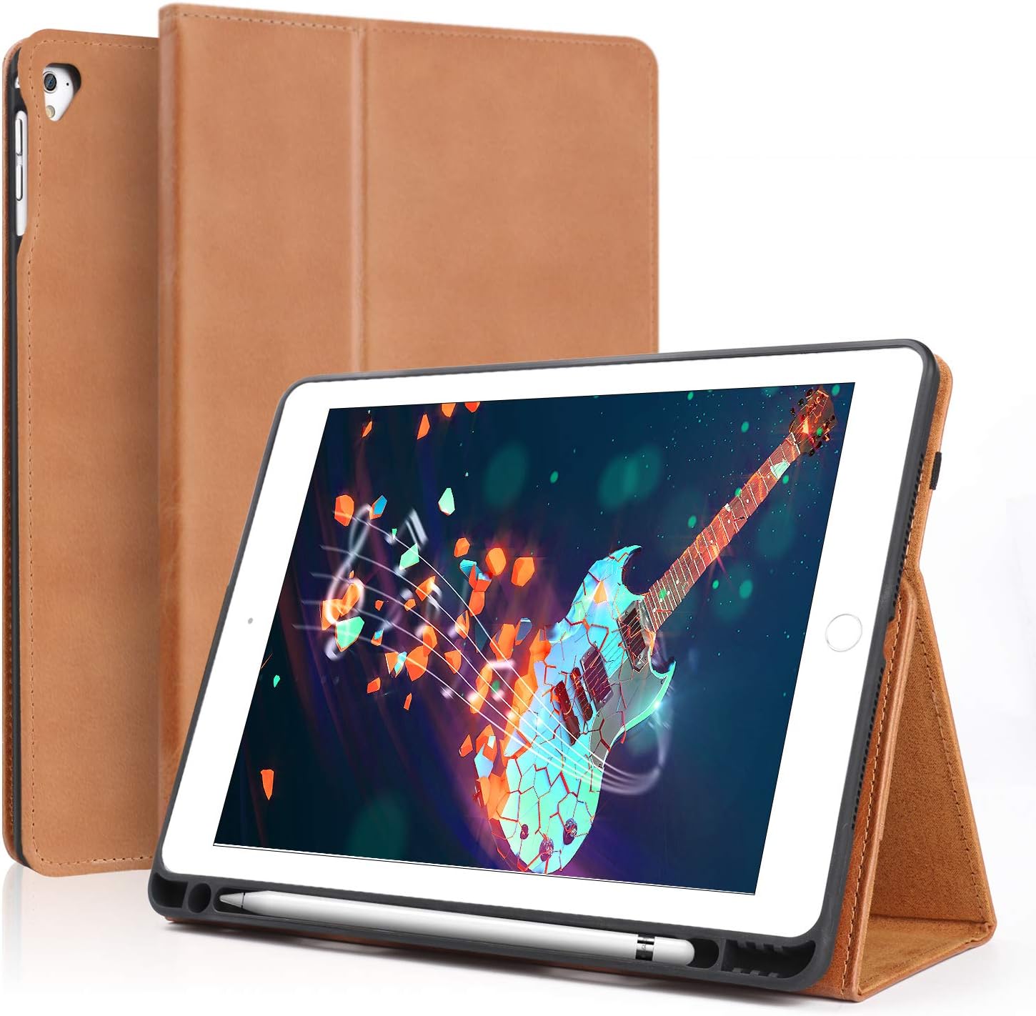 Boriyuan Leather Case for iPad 9.7 2018(6th Gen)/2017(5th Gen)/iPad Pro 9.7/iPad Air 2 &1- Leather Smart Cover Protective Folio Flip Stand with Built-in Apple Pencil Holder Auto Sleep/Wake(Brown)