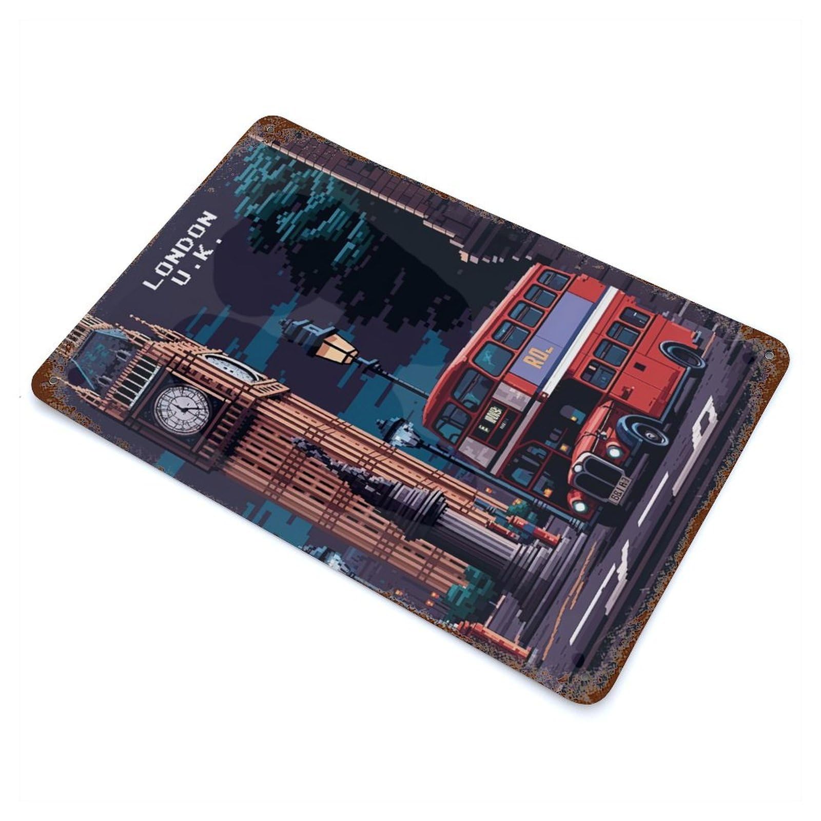 London England Pixel Art Rustic Tin Plaque 11.8"x7.9", Ideal for Shed, Workshop And Garage Wall Decor