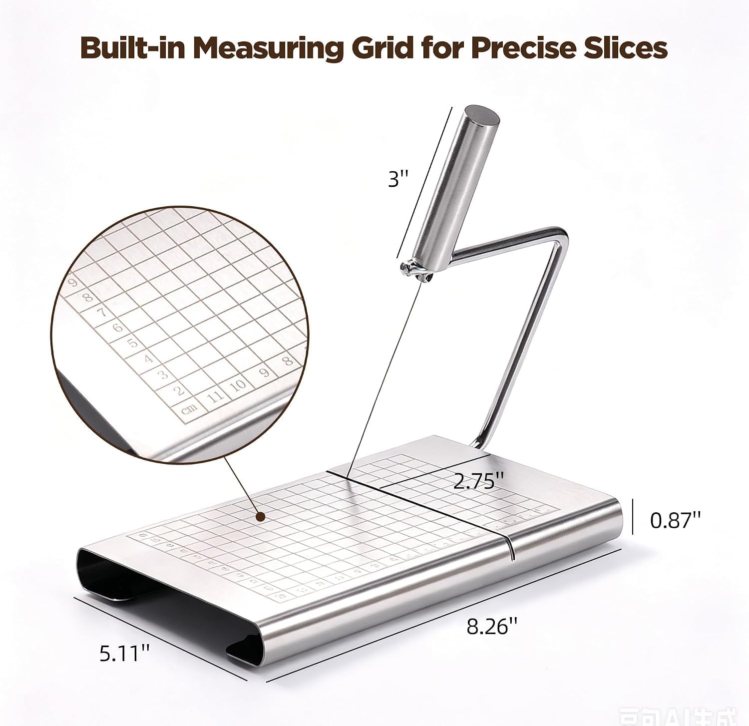 Stainless Steel Cheese Slicer with Measuring Grid, Wire Cutter Board for Block Cheese and Butter, Manual Kitchen Slicer Tool (CS-01)