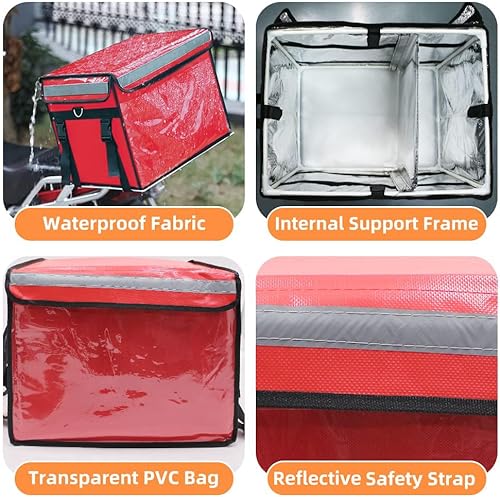 Miniatura 6 de TooCust Bolsas aisladas rojas para entrega de alimentos, 16.5 x 11.4 x 11.8 pulgadas, bolsa de entrega de alimentos aislada comercial con división,