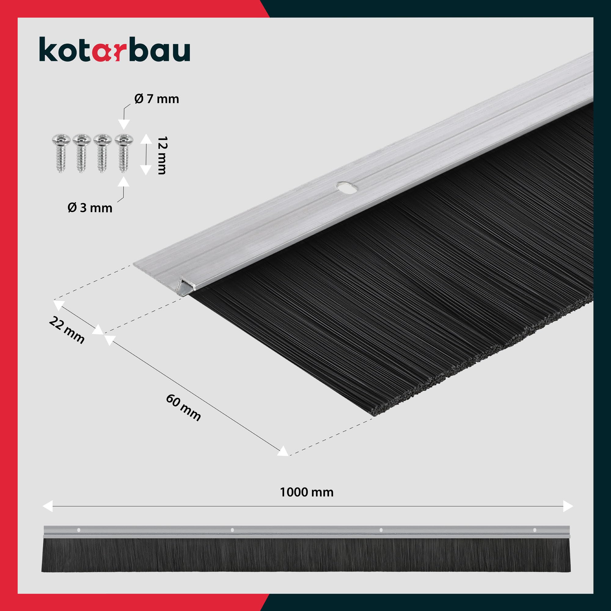 KOTARBAU® Brosse Bas de Porte - Aluminium - 1 m - Argent - Isolant - 60 mm - Joint De Porte D'Entrée - Protection Insectes - Langlebig Fiable - Bas Ouvrant Isolant - Anti Cafard - à Visser Bavette