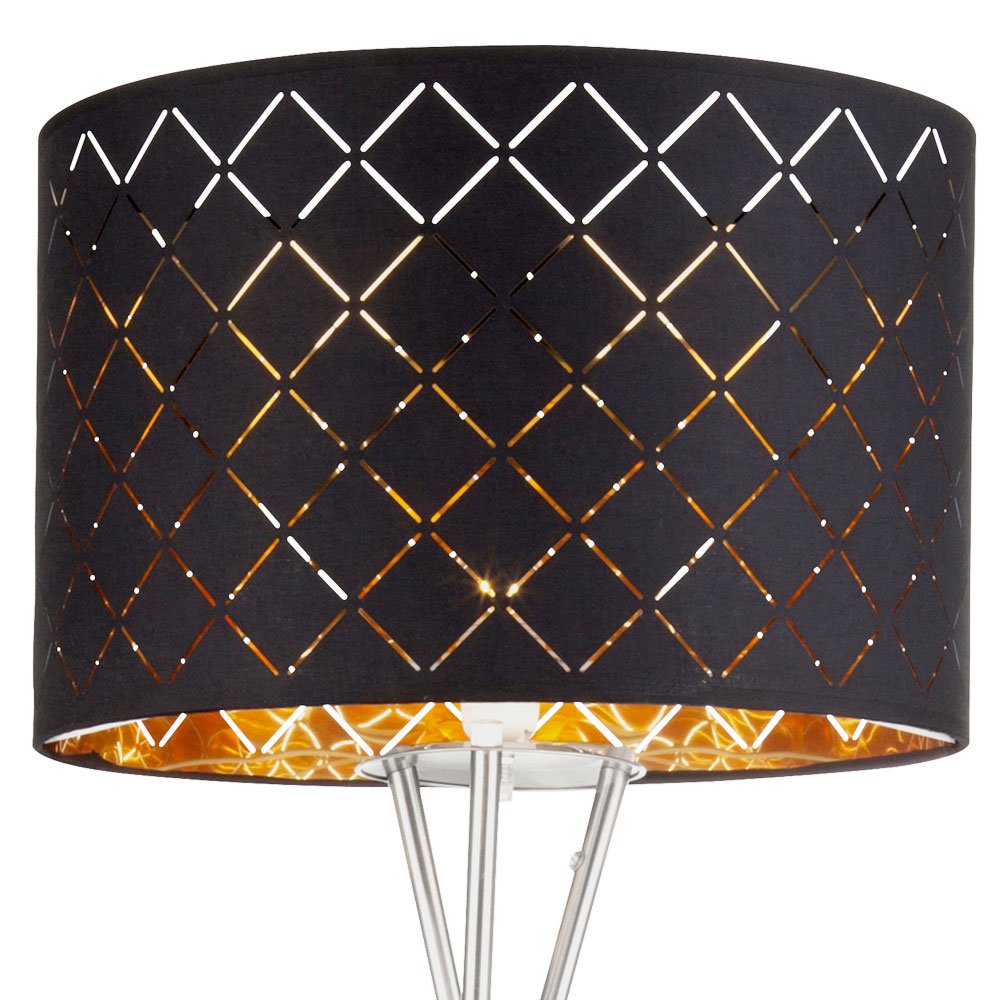 Stehlampe Textilschirm schwarz gold Beistellleuchte 3 Bein Stativleuchte Textil, Nickel matt, E27 Fassung, DxH 62x158 cm