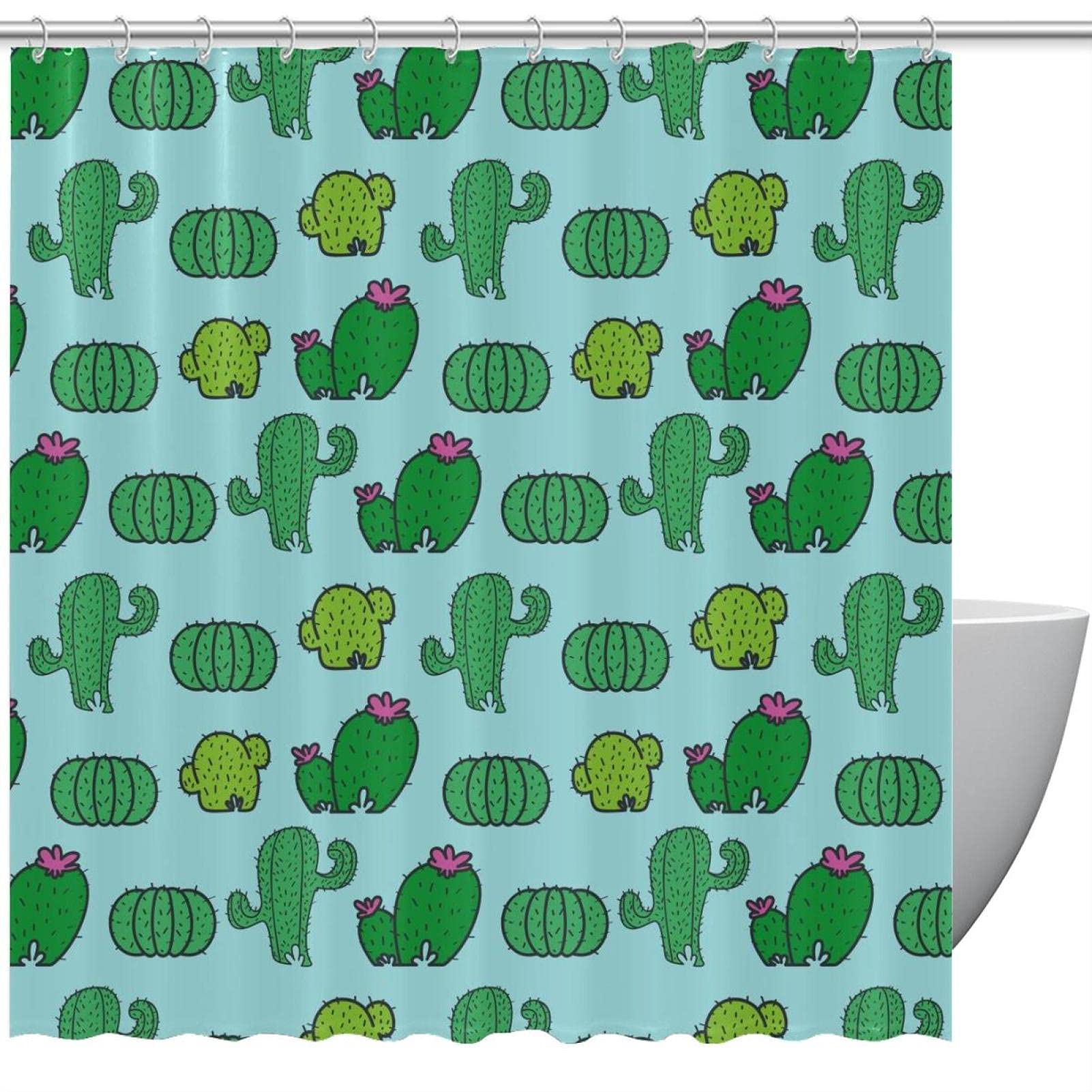 Rideau de douche cactus vert dessiné à la main de 183 cm pour salle de bain