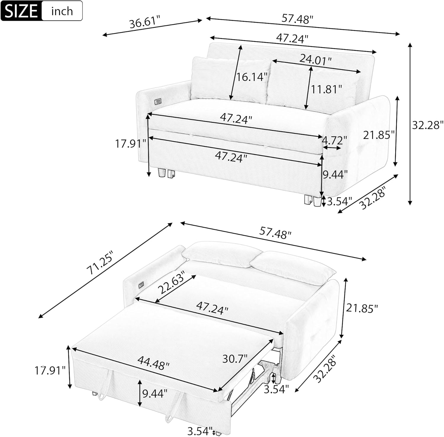 Diagram showing the 3-level adjustable backrest of the Merax sofa bed