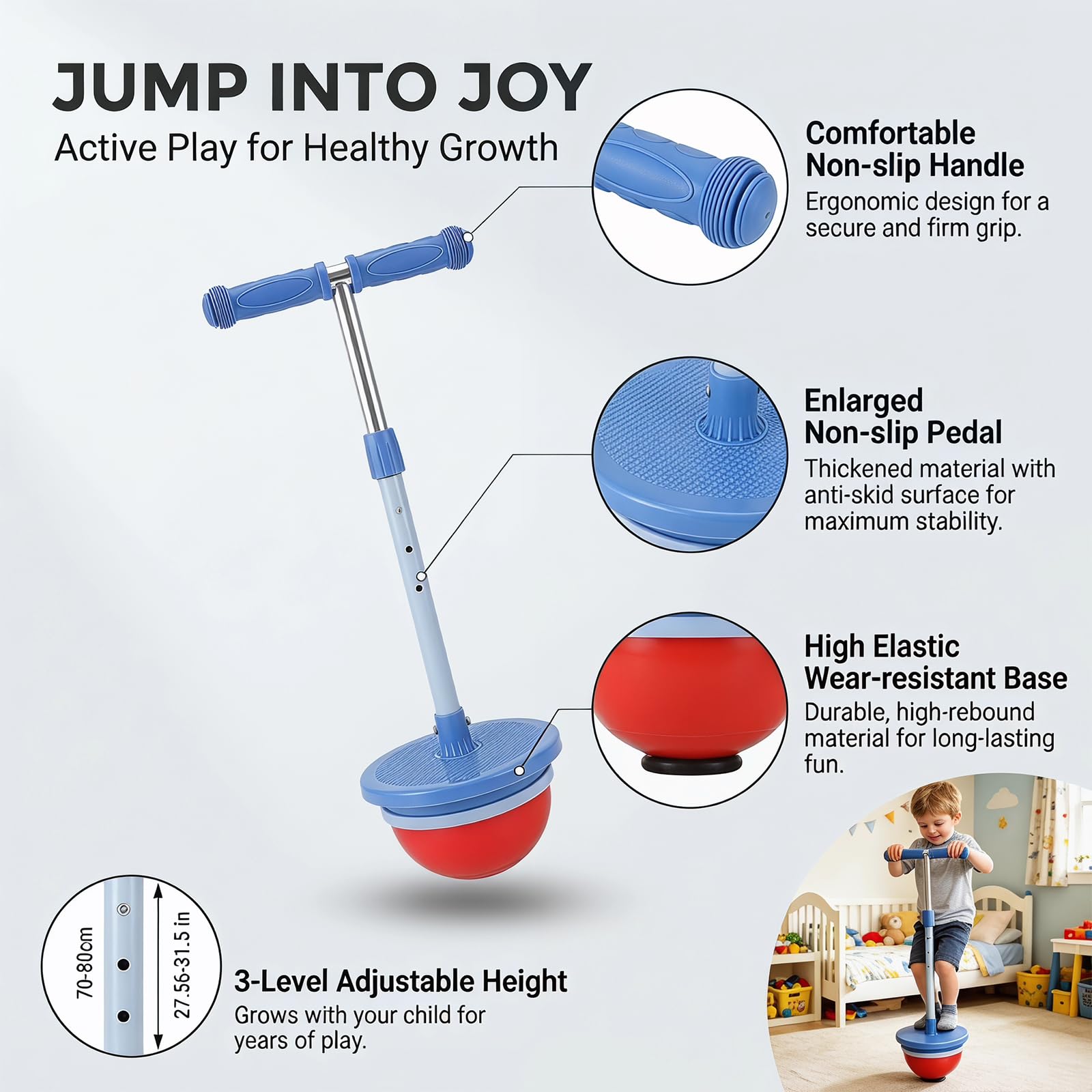 Balón hinchable para niños, bala de equilibrio para niños, bala saltar para adultos, juguete para exteriores con mango ajustable en altura, capacidad de carga 90 kg, espesada y resistente al