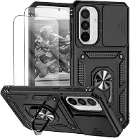 Capa para Samsung Galaxy A56 e A36 Capinha | com 2 peças de protetor de tela temperado com janela deslizante da câmera e suporte para telefone incluídos - Preto